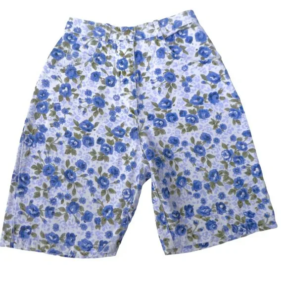 25x9 Vintage Erika Floral Denim Bermuda Shorts High Waist YKK Zip Fly Pockets - Picture 3 of 8